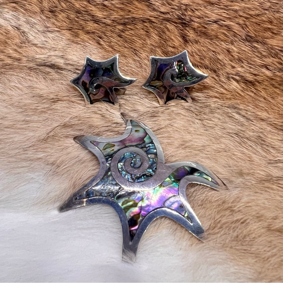Vintage Taxco Mexico Sterling Silver Abalone Brooch Pin/ Pendant & Earrings Set - Picture 1 of 13